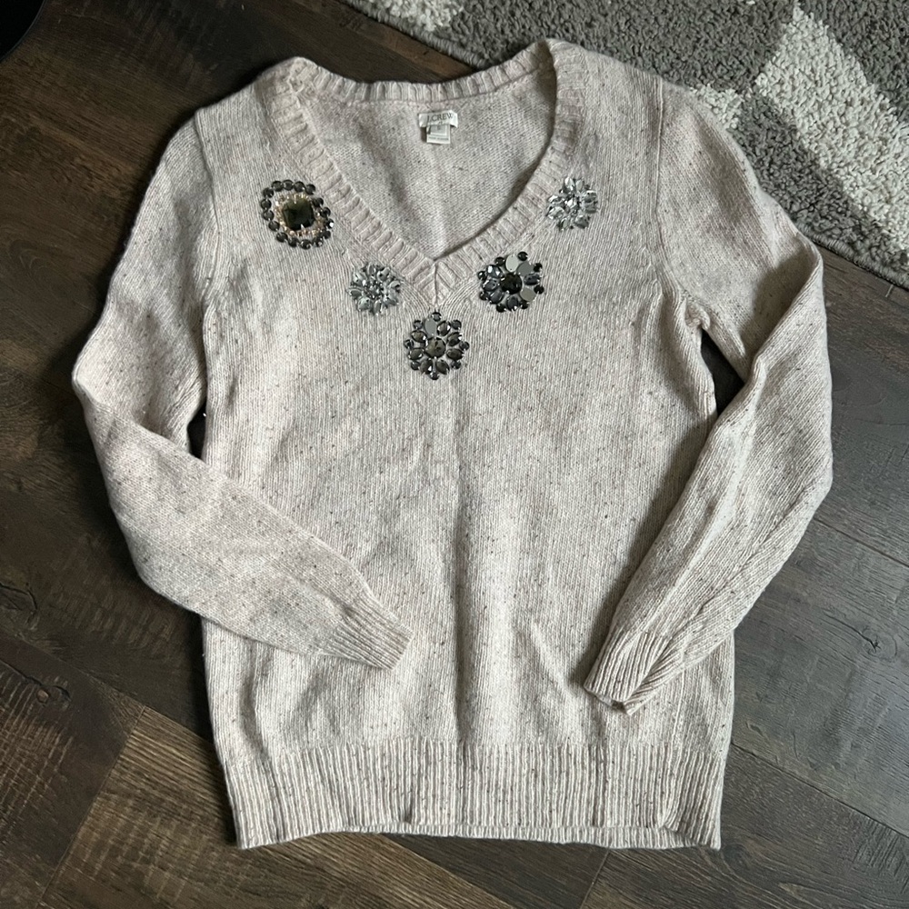 J. Crew Beige V-Neck Sweater with Embellishments